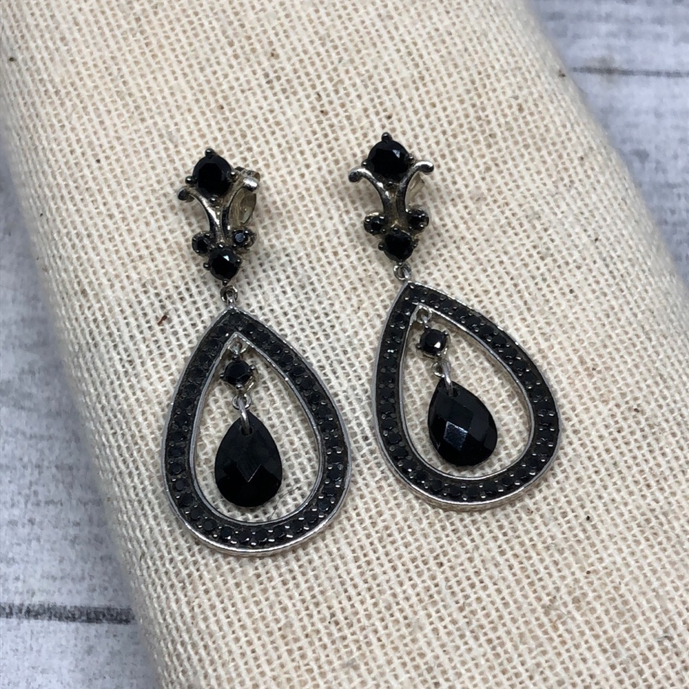 Sterling silver 925 statement dangle drop black earrings lotus makers mark